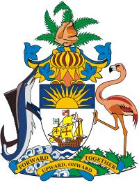 The Coat of Arms of the Bahamas depicting Columbus' ship, the Sanata Maria, in the centre, the Blue Marlin on the left (the national fish), a pink flamingo on the right (the national bird) and topped by a conch shell. Forward, Upword, Onward, Together is the country's motto which replaced the old colonial motto Expulsis Piratus, Restituta Commercia - expel the pirates and restore commerce which was the motto of the first governor of the Bahamas, Woodes Rogers.